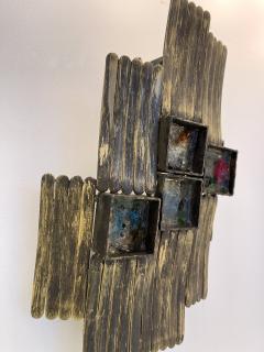  Longobard Pair of Brutalist Gilt Metal and Glass Sconces Italy 1970s - 2301618