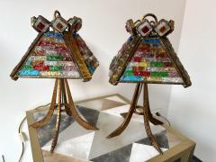  Longobard Pair of Hammered Glass Gilt Wrought Iron Lamps by Longobard Italy 1970s - 2936566