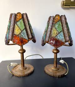  Longobard Pair of Hammered Glass Wrought Iron Lamps by Longobard Italy 1970s - 2833257