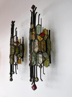  Longobard Pair of Hammered Glass Wrought Iron Sconces by Longobard Italy 1970s - 2554834