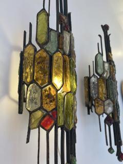  Longobard Pair of Hammered Glass Wrought Iron Sconces by Longobard Italy 1970s - 2554841