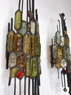  Longobard Pair of Hammered Glass Wrought Iron Sconces by Longobard Italy 1970s - 2554844