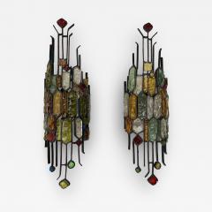  Longobard Pair of Hammered Glass Wrought Iron Sconces by Longobard Italy 1970s - 2557920