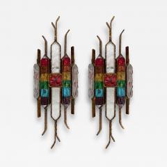  Longobard Pair of Hammered Glass Wrought Iron Sconces by Longobard Italy 1970s - 2833321