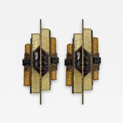  Longobard Pair of Hammered Glass Wrought Iron Sconces by Longobard Italy 1970s - 2930769