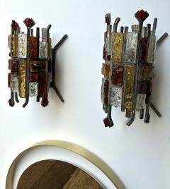  Longobard Pair of Hammered Glass Wrought Iron Sconces by Longobard Italy 1970s - 3911506