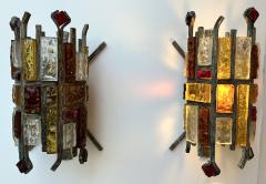  Longobard Pair of Hammered Glass Wrought Iron Sconces by Longobard Italy 1970s - 3911514