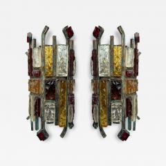  Longobard Pair of Hammered Glass Wrought Iron Sconces by Longobard Italy 1970s - 3912688