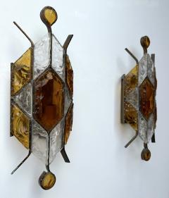  Longobard Pair of Hammered Glass Wrought Iron Sconces by Longobard Italy 1970s - 4213309