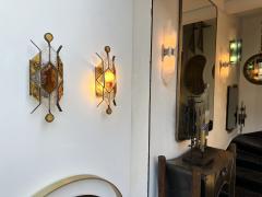 Longobard Pair of Hammered Glass Wrought Iron Sconces by Longobard Italy 1970s - 4213311