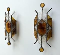  Longobard Pair of Hammered Glass Wrought Iron Sconces by Longobard Italy 1970s - 4213316