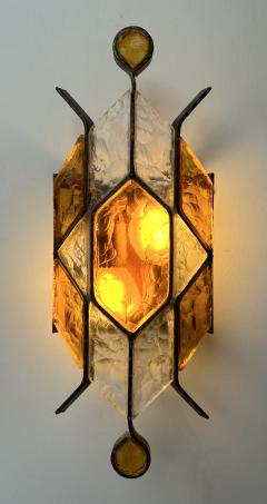  Longobard Pair of Hammered Glass Wrought Iron Sconces by Longobard Italy 1970s - 4213319