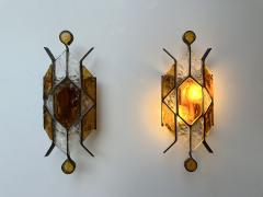  Longobard Pair of Hammered Glass Wrought Iron Sconces by Longobard Italy 1970s - 4213320