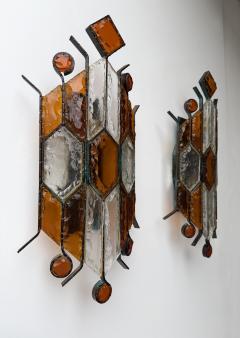 Longobard Pair of Hammered Glass Wrought Iron Sconces by Longobard Italy 1970s - 4370657