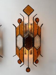 Longobard Pair of Hammered Glass Wrought Iron Sconces by Longobard Italy 1970s - 4370659