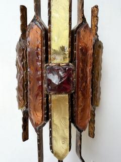  Longobard Pair of Hammered Glass Wrought Iron Sconces by Longobard Italy 1970s - 4548525