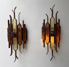  Longobard Pair of Hammered Glass Wrought Iron Sconces by Longobard Italy 1970s - 4548534