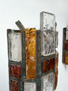 Longobard Pair of Hammered Glass Wrought Iron Sconces by Longobard Italy 1970s - 4551573