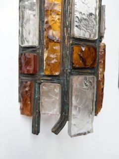  Longobard Pair of Hammered Glass Wrought Iron Sconces by Longobard Italy 1970s - 4551578