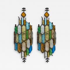  Longobard Pair of Hammered Glass and Gilt Iron Sconces by Longobard Italy 1970s - 1973578