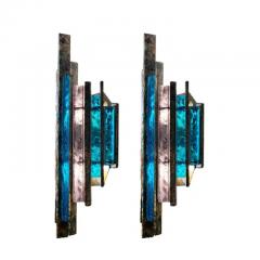  Longobard Pair of Longobard Blue Amethyst Hammered Murano Glass and Wrought Iron Sconces - 3888584