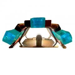  Longobard Pair of Longobard Turquoise and Amber Hammered Murano Glass and Iron Sconces - 3975403