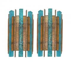  Longobard Pair of Longobard Turquoise and Amber Hammered Murano Glass and Iron Sconces - 3975405