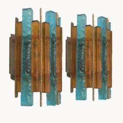  Longobard Pair of Longobard Turquoise and Amber Hammered Murano Glass and Iron Sconces - 3975406