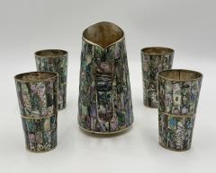  Los Castillo 1960s Mexican Abalone Inlay Alpaca Silver Pitcher 4 Tumblers Barware Set - 4711837