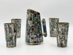  Los Castillo 1960s Mexican Abalone Inlay Alpaca Silver Pitcher 4 Tumblers Barware Set - 4711839