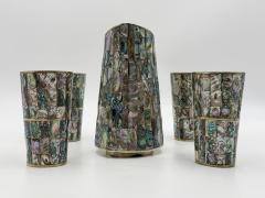  Los Castillo 1960s Mexican Abalone Inlay Alpaca Silver Pitcher 4 Tumblers Barware Set - 4711840