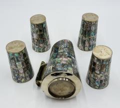  Los Castillo 1960s Mexican Abalone Inlay Alpaca Silver Pitcher 4 Tumblers Barware Set - 4711844