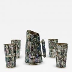  Los Castillo 1960s Mexican Abalone Inlay Alpaca Silver Pitcher 4 Tumblers Barware Set - 4714008