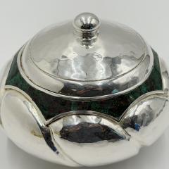  Los Castillo Los Castillo Taxco Silver Plate Malachite Lidded Bowl Mexican Modernism - 4711943