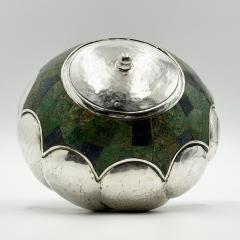  Los Castillo Los Castillo Taxco Silver Plate Malachite Lidded Bowl Mexico 1960s - 4711913