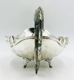  Los Castillo Mexican Silver Plate Center Bowl with Abalone Fish Handles Signed A C T Taxco - 4712619