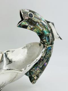  Los Castillo Mexican Silver Plate Center Bowl with Abalone Fish Handles Signed A C T Taxco - 4712621