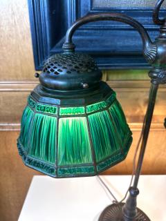  Louis C Tiffany Furnaces Inc Rare Green Linenfold Double Student Table Lamp Tiffany Studio - 4145300