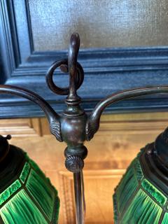  Louis C Tiffany Furnaces Inc Rare Green Linenfold Double Student Table Lamp Tiffany Studio - 4145302
