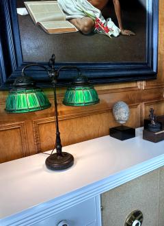 Louis C Tiffany Furnaces Inc Rare Green Linenfold Double Student Table Lamp Tiffany Studio - 4145306