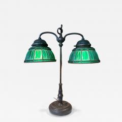  Louis C Tiffany Furnaces Inc Rare Green Linenfold Double Student Table Lamp Tiffany Studio - 4151919
