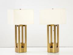  Lumica Pair of Geometric Brass and Chrome Table Lamps by Willy Rizzo for Lumica - 2741163