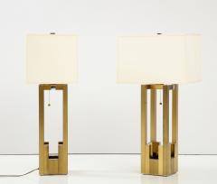  Lumica Pair of Geometric Brass and Chrome Table Lamps by Willy Rizzo for Lumica - 2741168