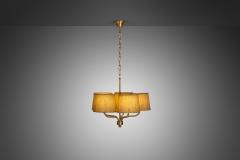  Luxus Five Arm Brass Ceiling Lamp with Fabric Shades by Luxus Vittsj Sweden 1960s - 3380112