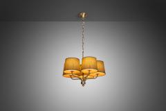  Luxus Five Arm Brass Ceiling Lamp with Fabric Shades by Luxus Vittsj Sweden 1960s - 3380114