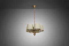  Luxus Five Arm Brass Ceiling Lamp with Fabric Shades by Luxus Vittsj Sweden 1960s - 3380115