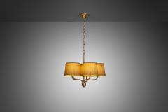  Luxus Five Arm Brass Ceiling Lamp with Fabric Shades by Luxus Vittsj Sweden 1960s - 3380116