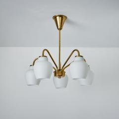  Lyfa Large 1950s Bent Karlby 5 Arm Glass and Brass Chandelier for Lyfa - 3099809