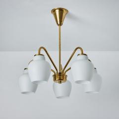  Lyfa Large 1950s Bent Karlby 5 Arm Glass and Brass Chandelier for Lyfa - 3099815