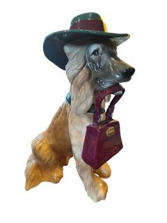  MERRYMAC MONUMENTAL PAIR OF LIFESIZE CERAMIC DOGS WITH FANCY HAT HANDBAG - 4689625